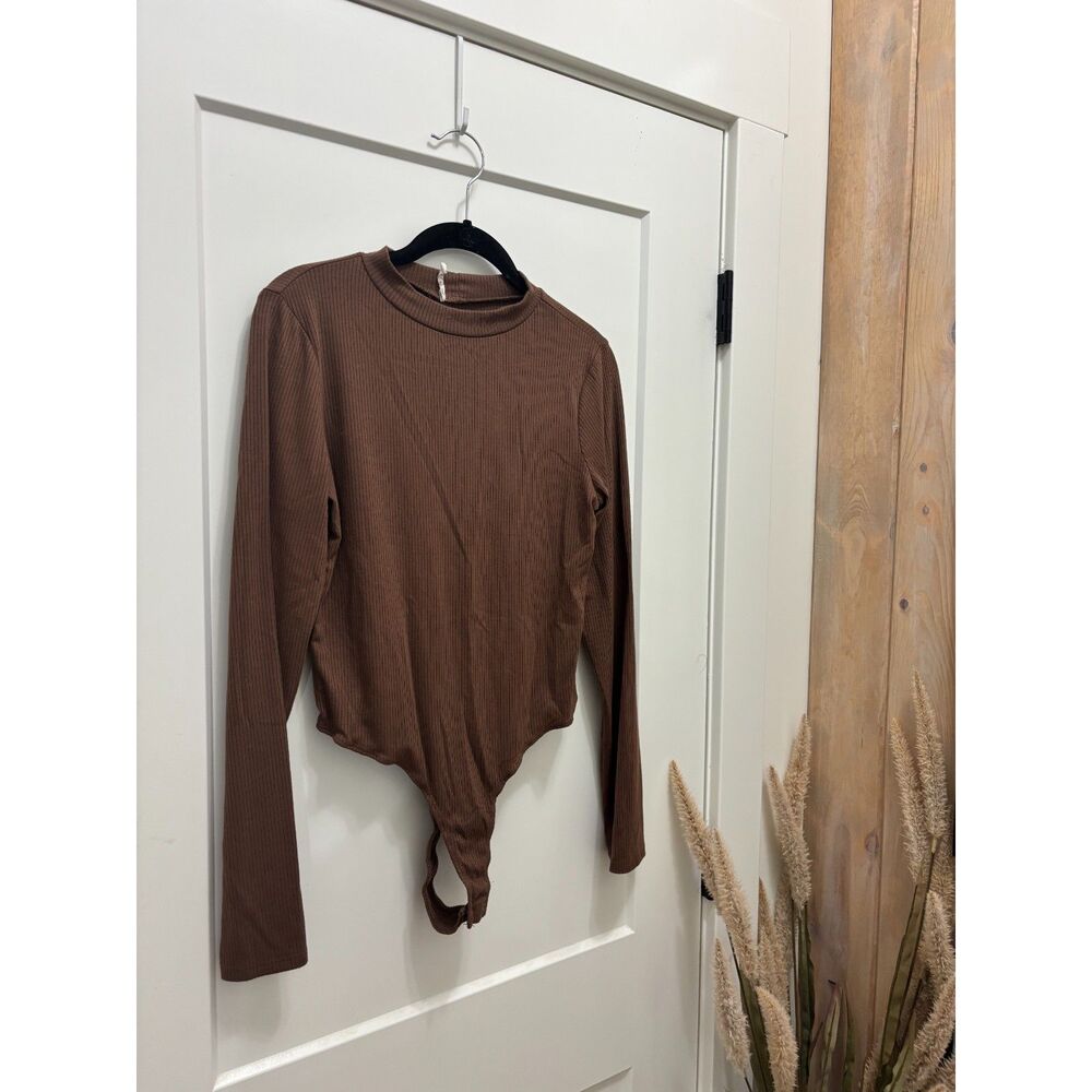 Brown Ribbed Mock Neck Long Sleeve Bodysuit